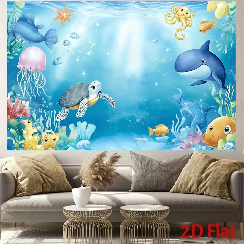 2D Falt Single Piece Under The Sea Birthday Backdrop Featuring Ocean Creatures, Perfect for a Joyful Birthday Photography Setting with Coral And Underwater Themes. Measures 90.5X70.8 Inches