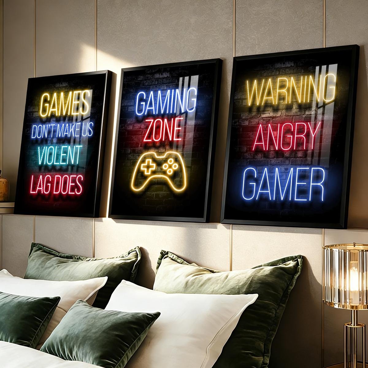 3 Counts Aluminum Alloy Framed Painting, Neon Gaming Zone Poster With Game Controller Wall Art, Home Decoration For Living Room, Bedroom, Office, Restaurant, Hallway Wall Decor, Odorless Print Artwork, Luxury Perfect Gift For Friends And Family