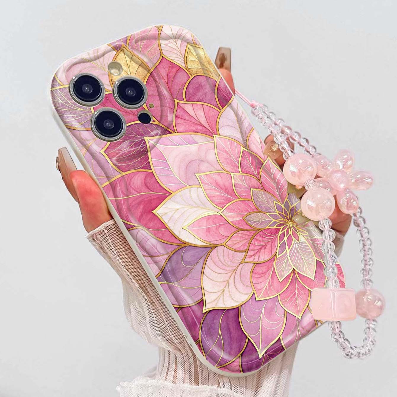 Gold Mandala Flower Tpu Phone Case with Lanyard, Shockproof Wave Edge, Compatible with Apple iPhone Models, Perfect Gift for Girls