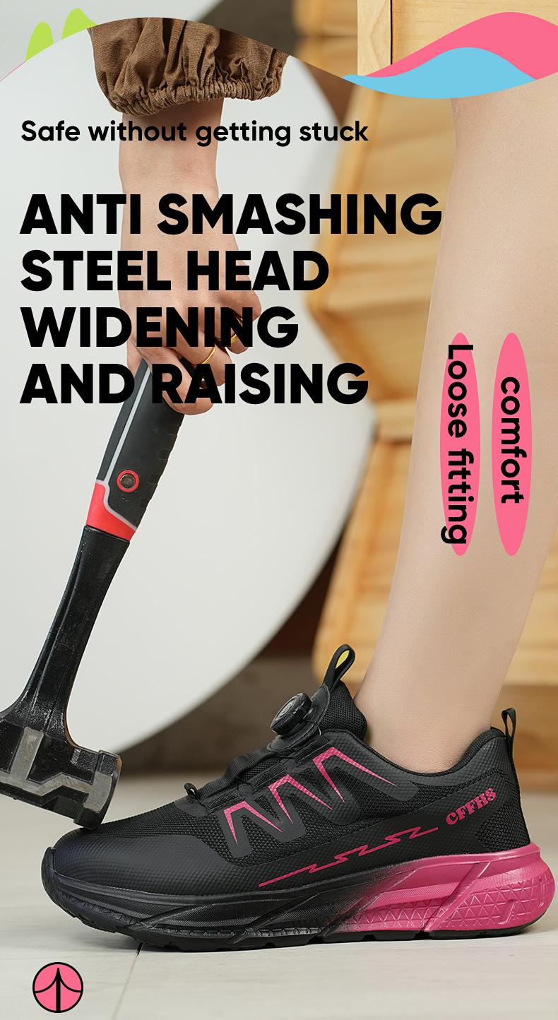 Women's steel-toe sports non-slip work shoes, made of breathable mesh material, with a rotary knob lace system, featuring anti-smashing, anti-piercing, shock-absorbing and wear-resistant properties. Footwear, Closed Girl Safety Boots Cover nurse