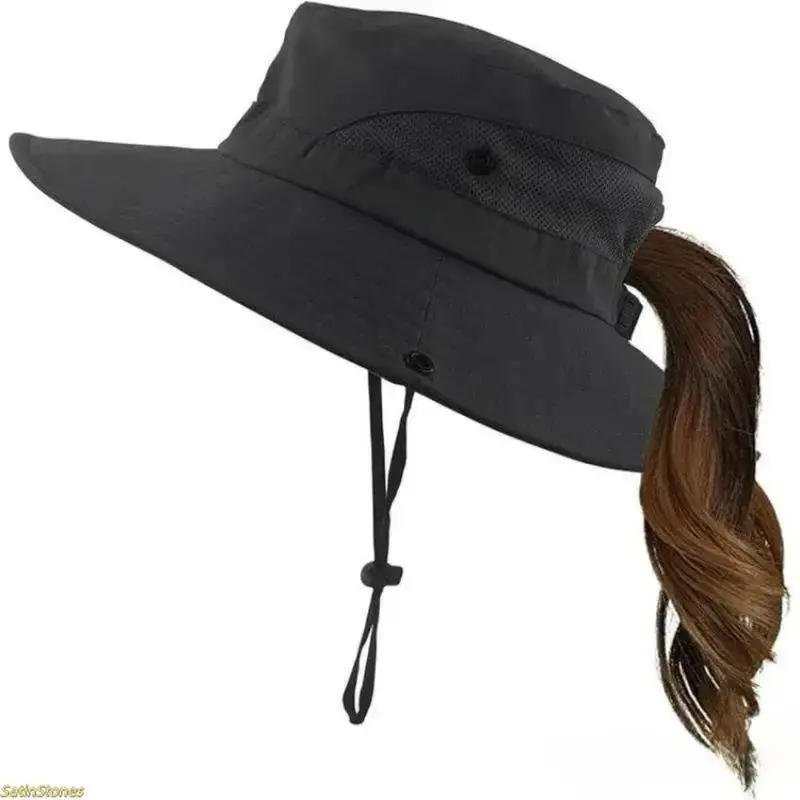 Women Wide Brim Ponytail Sun Hat, UPF 50+ UV Protection Bucket Hat, Adjustable Foldable Lightweight Packable Summer Hat, Outdoor Accessory for Beach, Hiking, Gardening & Daily Casual Wear