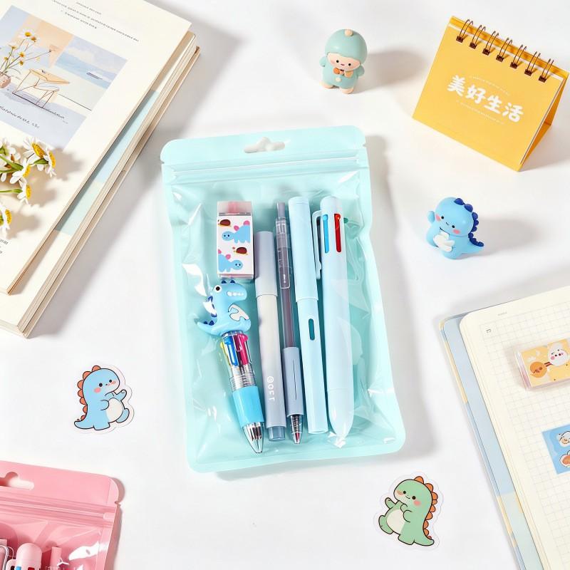 1 set of 6-piece dinosaur themed stationery, including dinosaur 6-color pens, pencils, ballpoint pens, erasers, and markers, Essential for back to school, Study Supplies. There are 3 colors to choose from, suitable for classroom rewards and holiday gifts