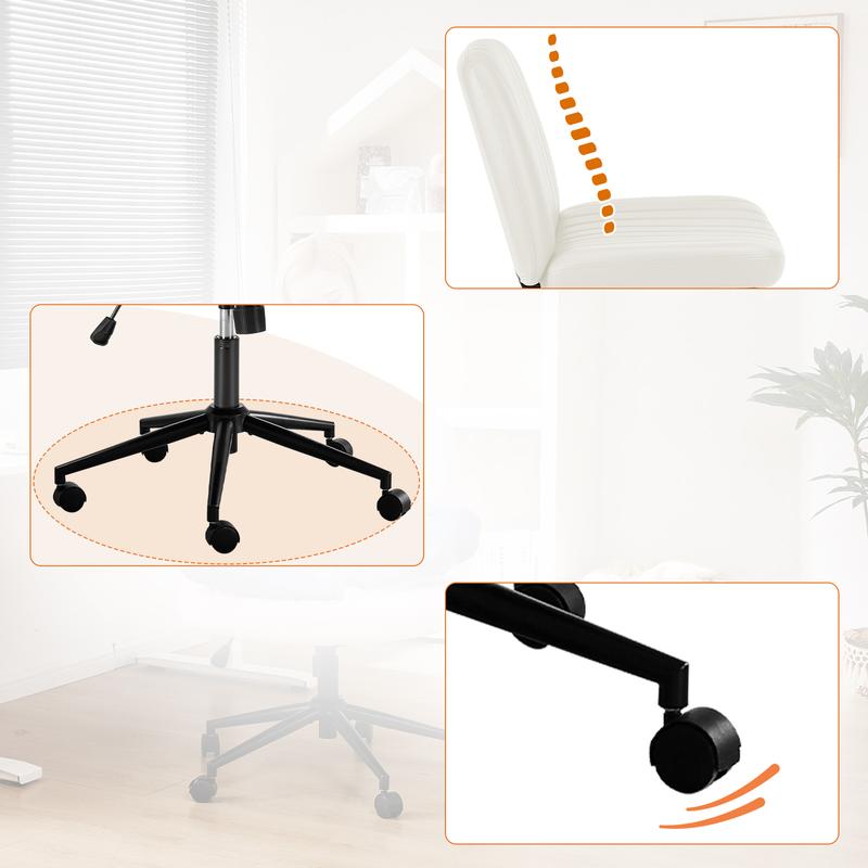 Armless Wide Swivel Office Chair with Cross Leg Seating, Adjustable Fabric Vanity Chair with Wheels and Fixed Base, Padded Seat, Grey