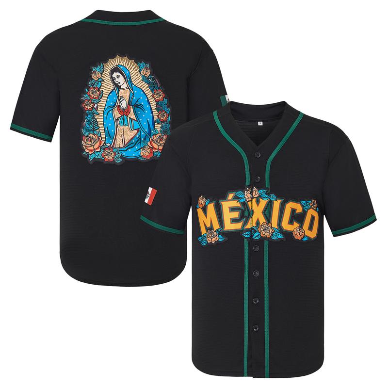 V-Neck Mexico Guadalupe Embroidered Baseball Jersey,Men's Gift,Button Short Sleeve Sports Jersey,Loose Breathable Soft Comfort,Gift for Game Day V-Neck Mexico Guadalupe Embroidered Baseball Jersey,Men's Gift,Button Short Sleeve Sports Jersey,Loose Breathable Soft Comfort,Gift for Game Day