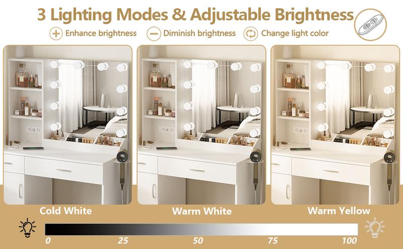 Vabches Vanity Desk with Mirror and Lights,Makeup Vanity with 2 Drawers Lots Storage,Vanity Table with Lighted Mirror,3 Lighting Colors, Brightness Adjustable,35in(L)