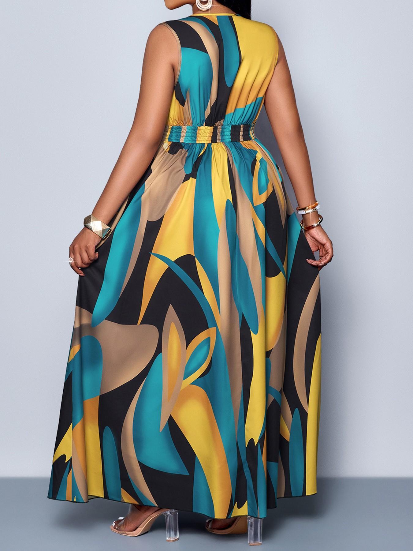 Plus Size Women's Elegant Casual Boho Chic Summer Plant Print V-Neck Sleeveless High Waist A-Line Dress for Leisure, Vacation & Outdoor loose fit fashion forward special occasion oversized