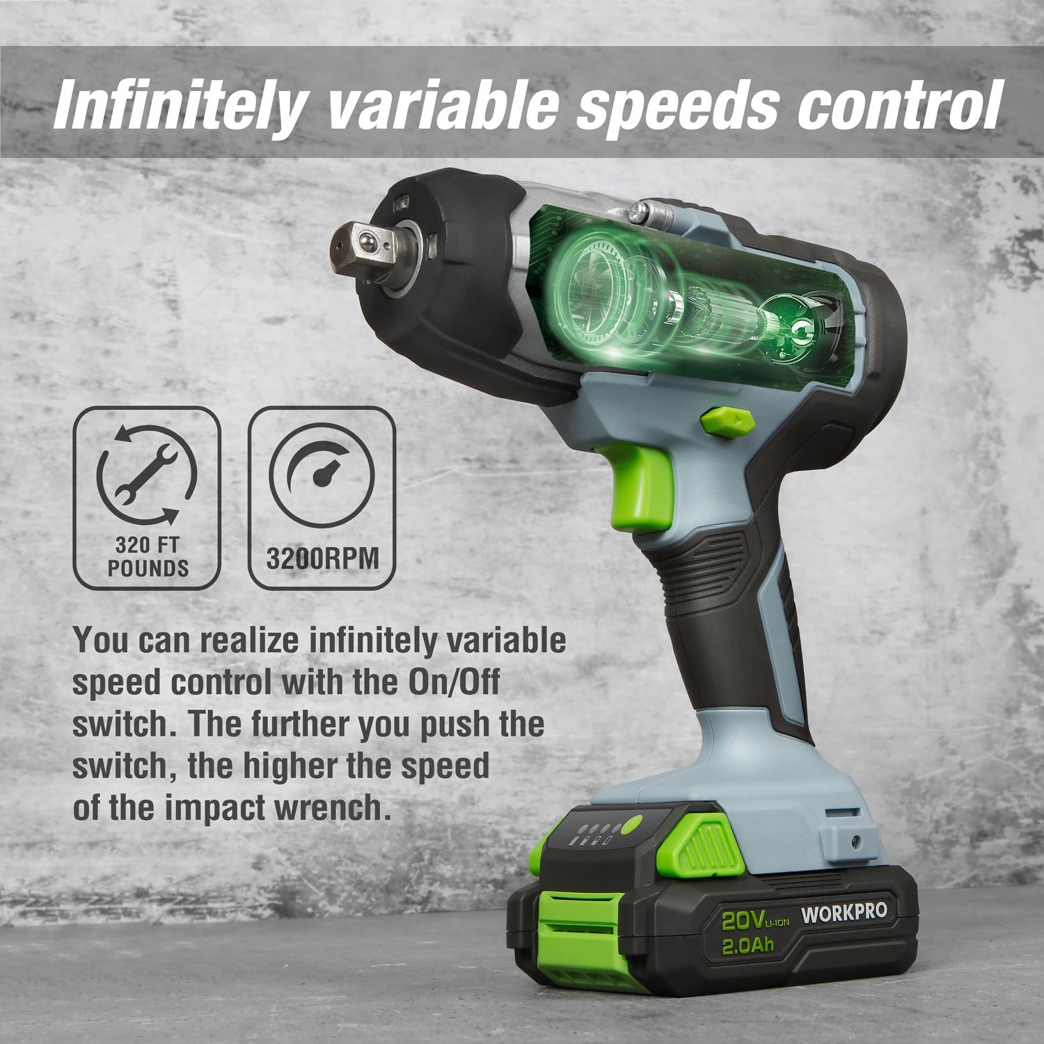 #JumpstartSale WORKPRO 20V Cordless Impact Wrench, 1/2-inch, 320 Ft Pounds Max Torque, 2.0Ah Li-ion Battery with Fast Charger, Belt Clip for Easy Carrying