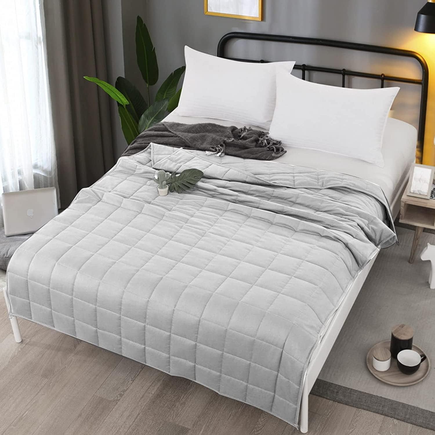 Weighted Blanket ( ,48''x72'',12lbs, Light Grey), Cooling Weighted Blanket for Adults, High Breathability Heavy Blanket, Soft Material with  Glass Beads