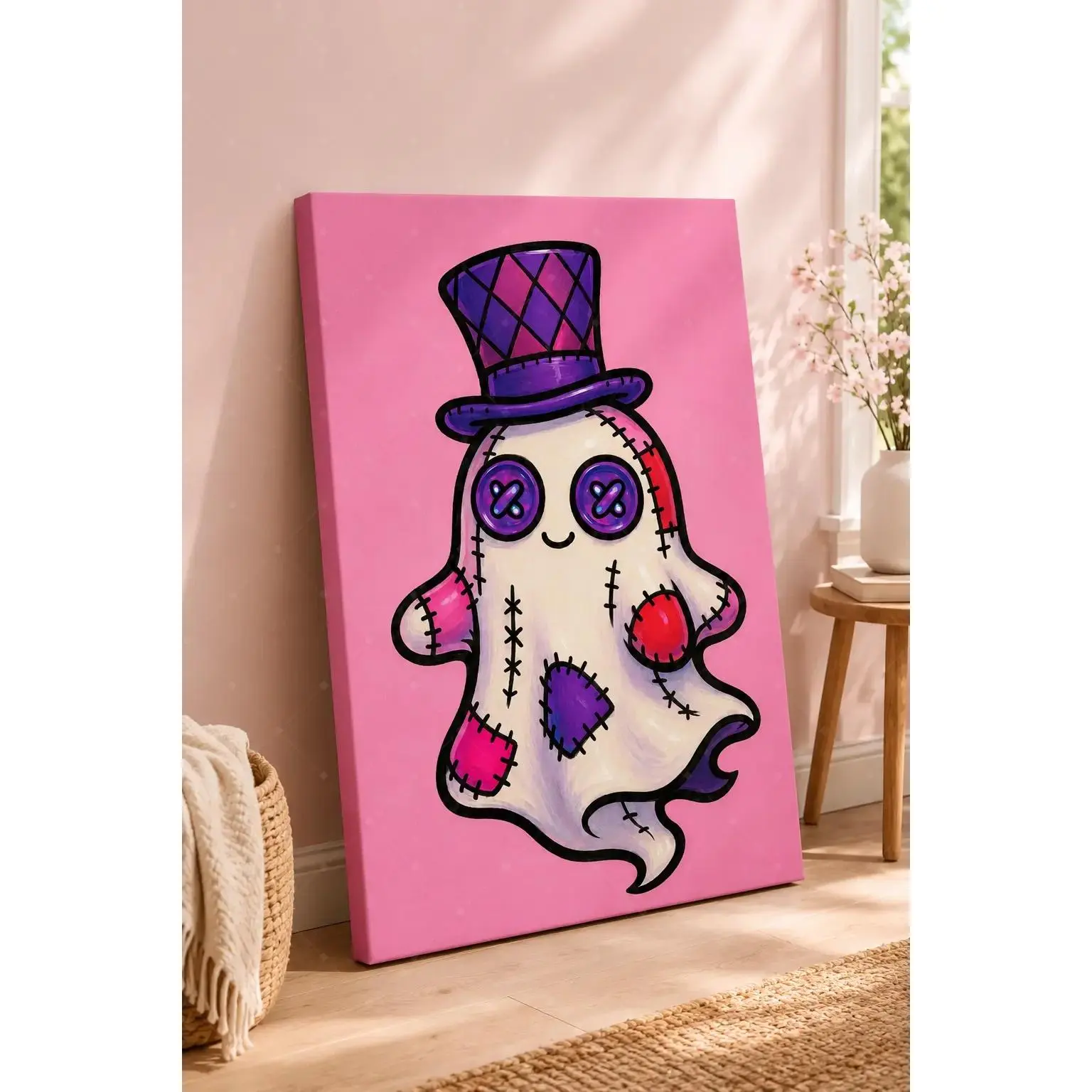 Cute Patchwork Ghost Poster, Pink Purple Top Hat Halloween Wall Decor, Whimsical Stitched Spirit Canvas Art for Bedroom, Kids Room, Teen Room, Playroom, Nursery, Dorm and Colorful Spooky Space