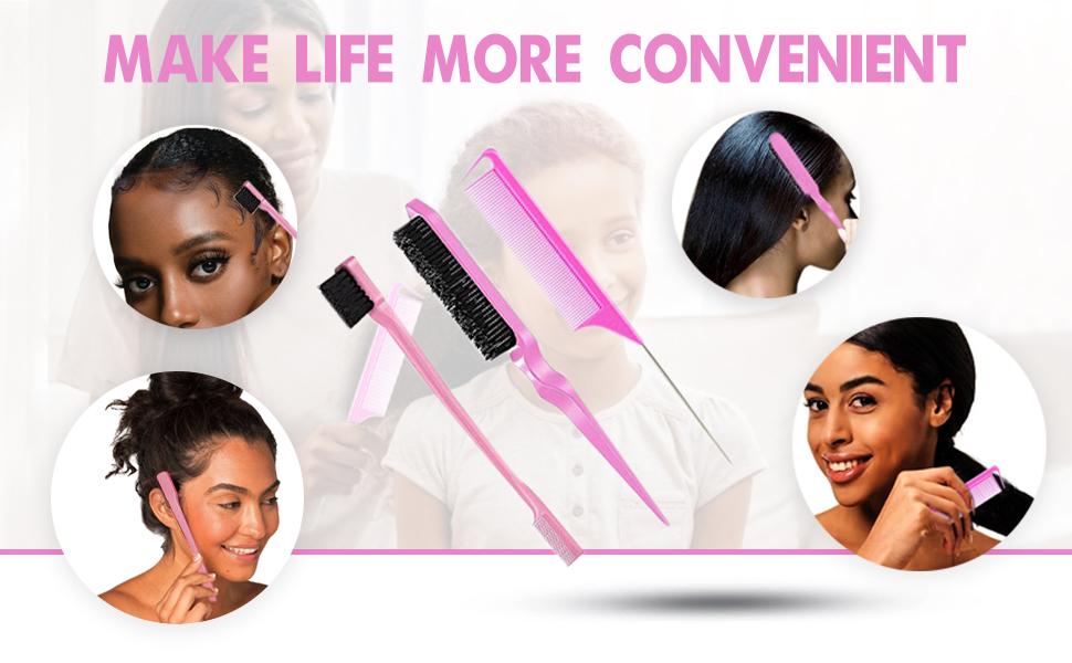 3 Count Comb Set for Teasing Edge and Back Brushing Rat Tail and Edge Combs Hair Stick for Styling Women's Haircare Smooth Heatless (Pink)