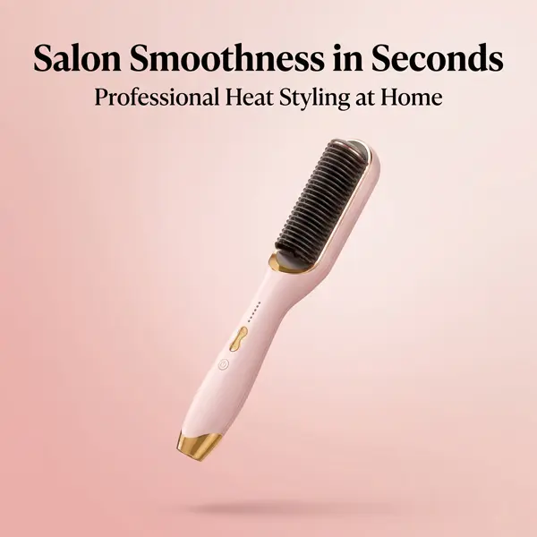 Women's Salon Ceramic Ionic Hair Straightening Brush - Adjustable Temperature, Fast Heating Hot Brush for Straight, Smooth, Anti-Frizz Thick & Curly Hair
