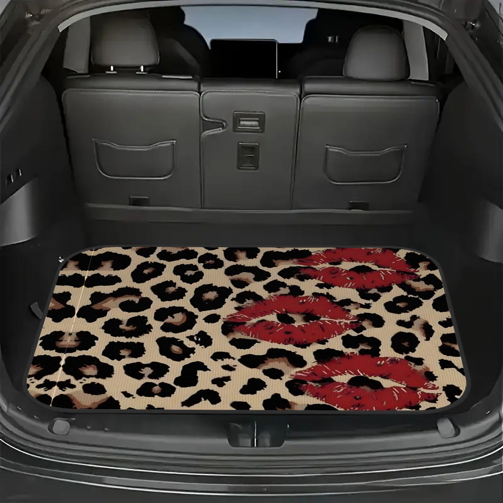 1pc Leopard Print with Red Lips Patchwork Car Trunk Mat - Dustproof & Durable Cargo Liner | Universal Fit Trunk Protector, Auto Storage Solution, Heavyduty Material, Stylish Drivers, Vehicle Enthusiasts