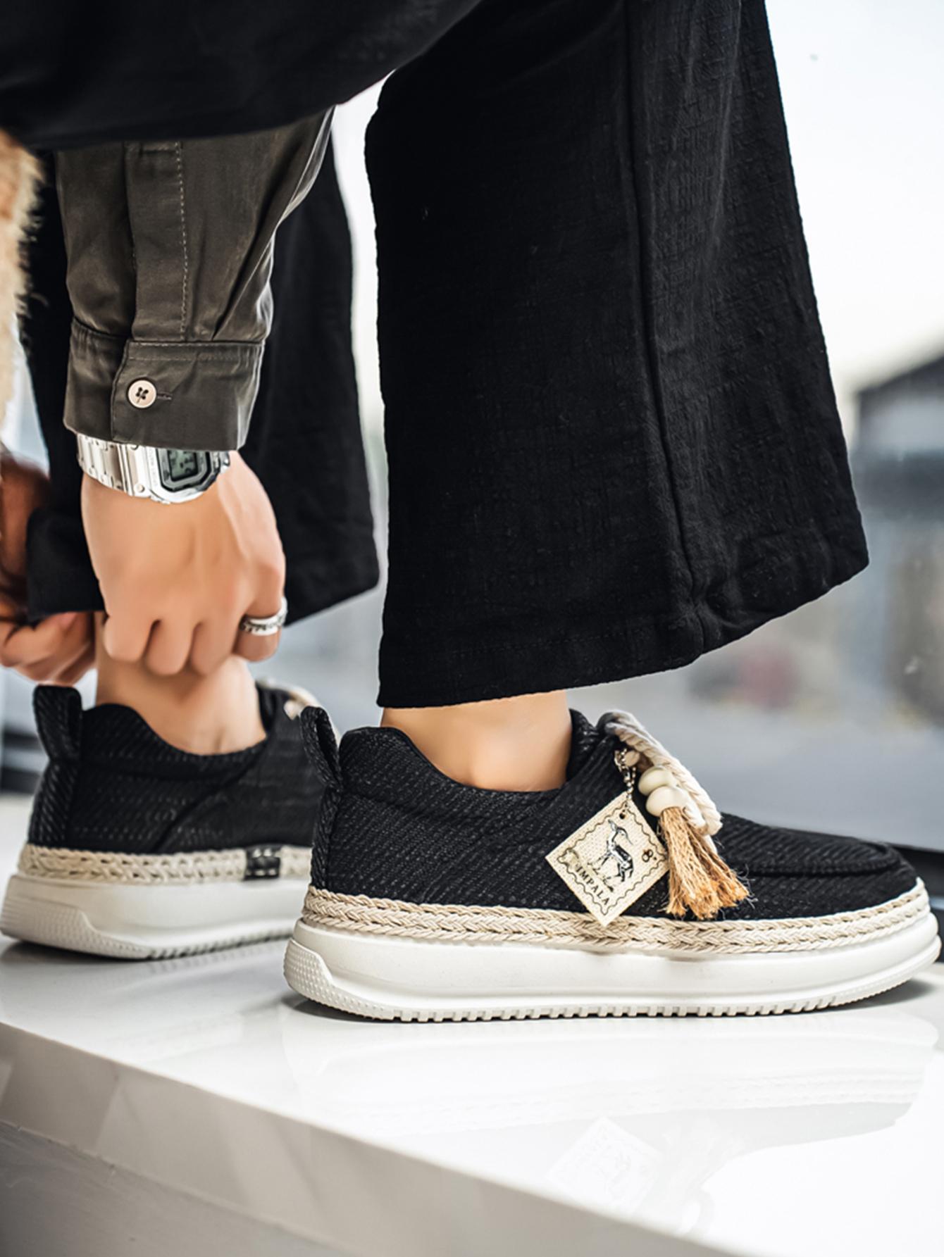 New Summer Men's Cotton Linen Shoes, Breathable Non-Stuffy, Straw Trim Fringe Design, Casual Retro Style, Perfect for Daily Wear