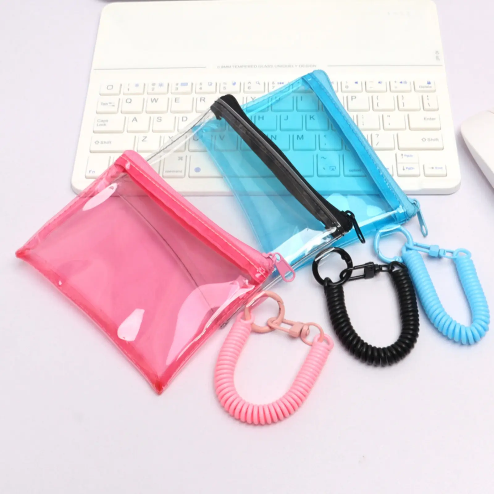 Clear Card Pouch, Viral Transparent PVC Zipper Mini Storage Bag, Retractable Coil Lanyard Anti-lost Accessory Case, Waterproof Portable Earphone Key Holder, Compact See-through Purse for School Gym Daily Outdoor Use