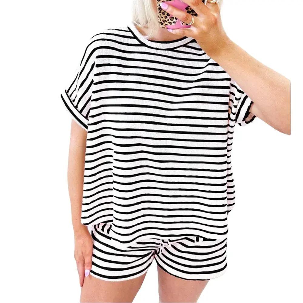 Womens 2 Piece Lounge Set Summer Stripe Knit Short Sleeve Tee Shirts Shorts Casual Summer Loungewear Shorts Sets