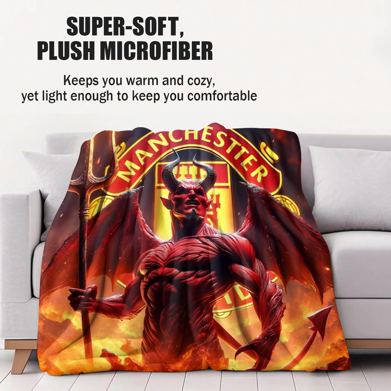 Manchester United Creative Design Football Club Blanket, Ultra-Soft Velvet Texture, Demon Pattern, Multiple Sizes, Ideal Gift for Fans
