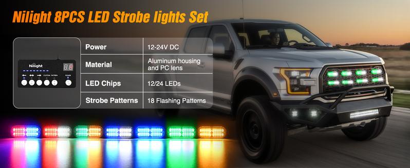 Nilight 8PCS Led Strobe Lights with Controller 12V 24V Sync Feature Green White Strobe Light 12 24 LED Surface Mount Hazard Warning Lights with Strobe Controller for Vehicle Car Truck RV ATV