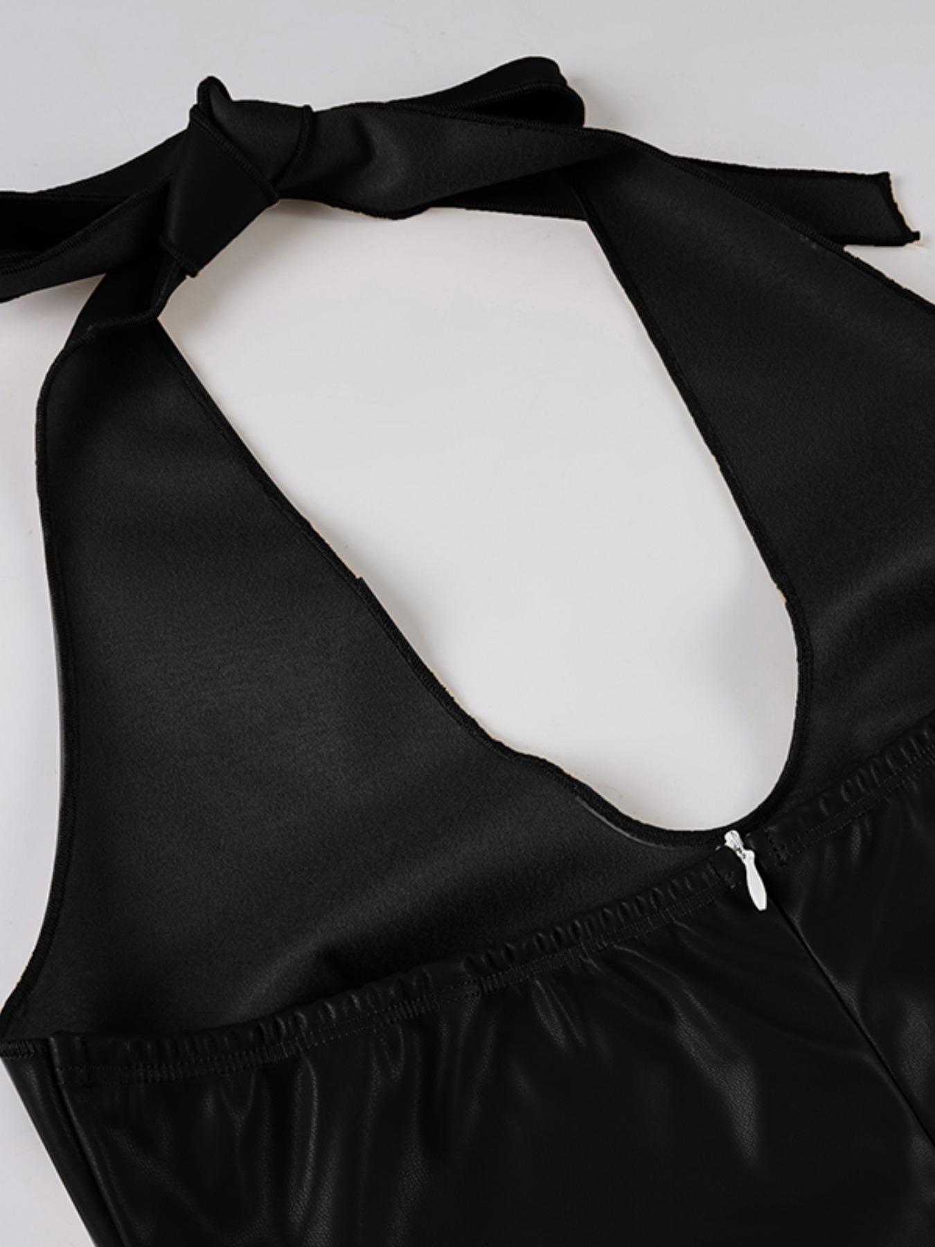 Leather Split Backless Solid Color Sexy Fashion Long Dress, Summer Slim-Fit PU Fabric, Moderate Thickening, Perfect for Night Out