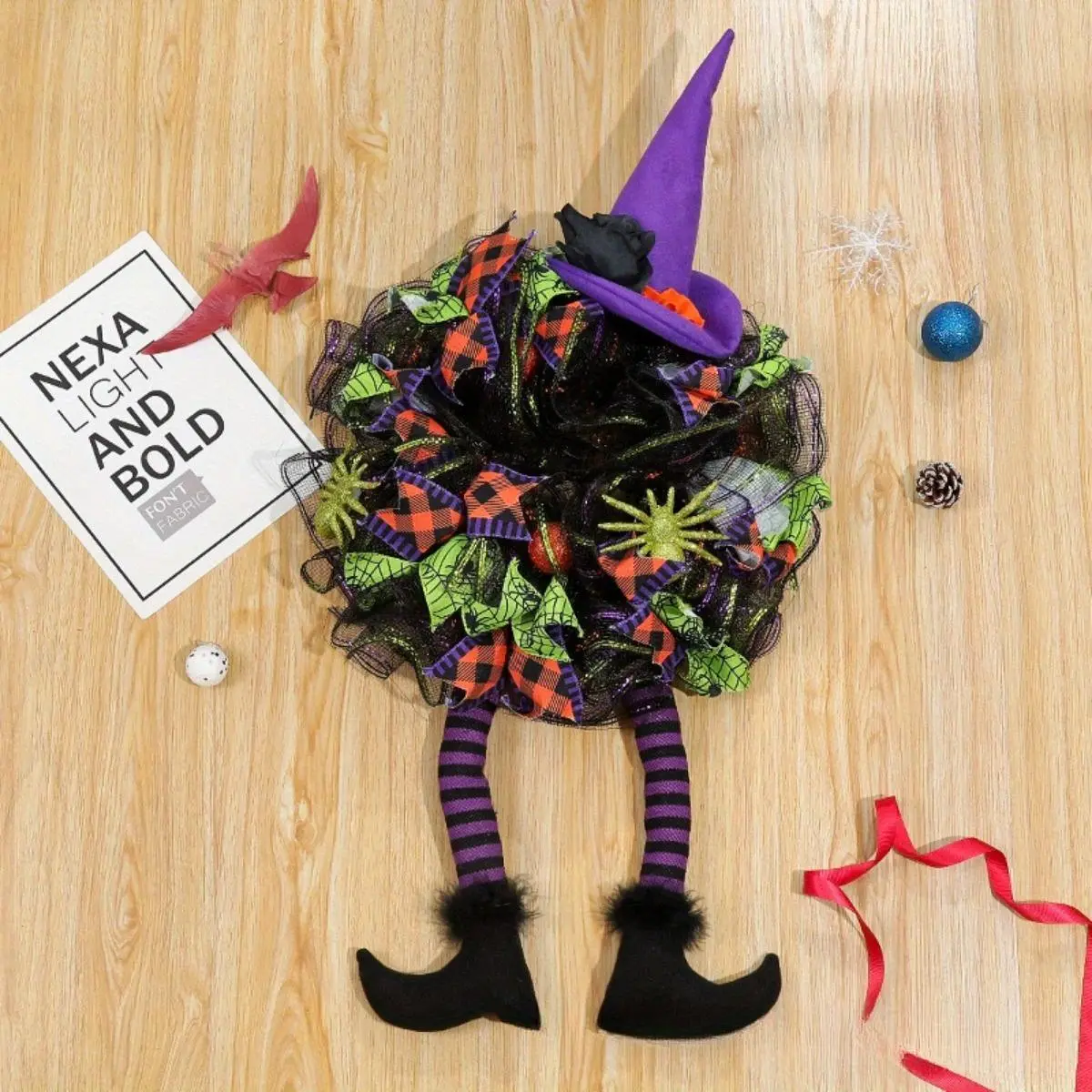 Halloween Wreath Witch, Halloween Wreaths for Front Door with Witch Hat Leg Mesh Decor, Halloween Decorations Indoor Outdoor Spooky Gift