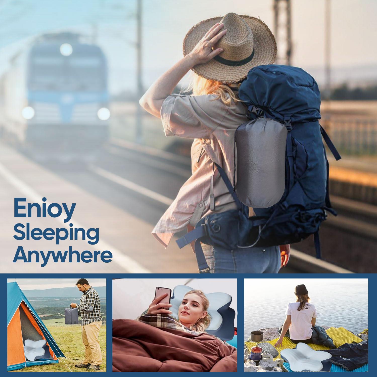 Gray butterfly-shaped neck pillow, ergonomic memory foam pillow, breathable and washable silk pillowcase, suitable for side, back and stomach sleepers, with a storage bag for easy portability, perfect for camping, travel, RV and dorm rooms