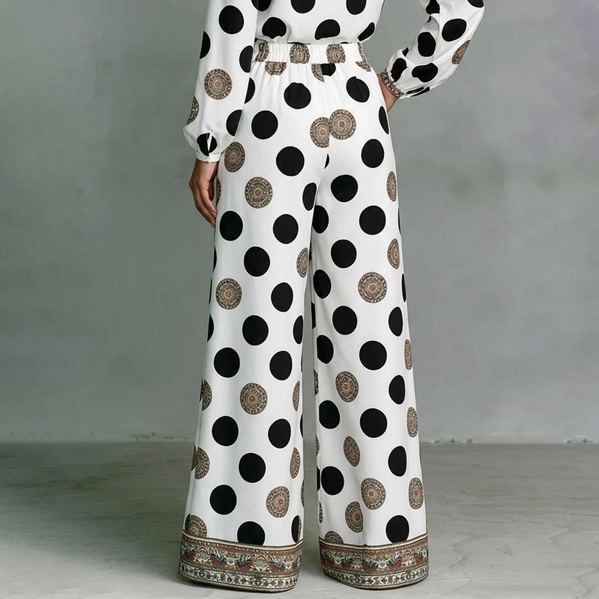 Women's Dot Paisley Floor-Length Palazzo Pants - High Waist Silky Satin Loose Leg Trousers with Side Pockets, Hidden Zip, Elastic Back Waistband, Resort & Workwear Bottoms, Loose Legs,clothes for back to school,first day of school outfits Women's Dot Paisley Floor-Length Palazzo Pants - High Waist Silky Satin Loose Leg Trousers with Side Pockets, Hidden Zip, Elastic Back Waistband, Resort & Workwear Bottoms, Loose Legs,clothes for back to school,first day of school outfits