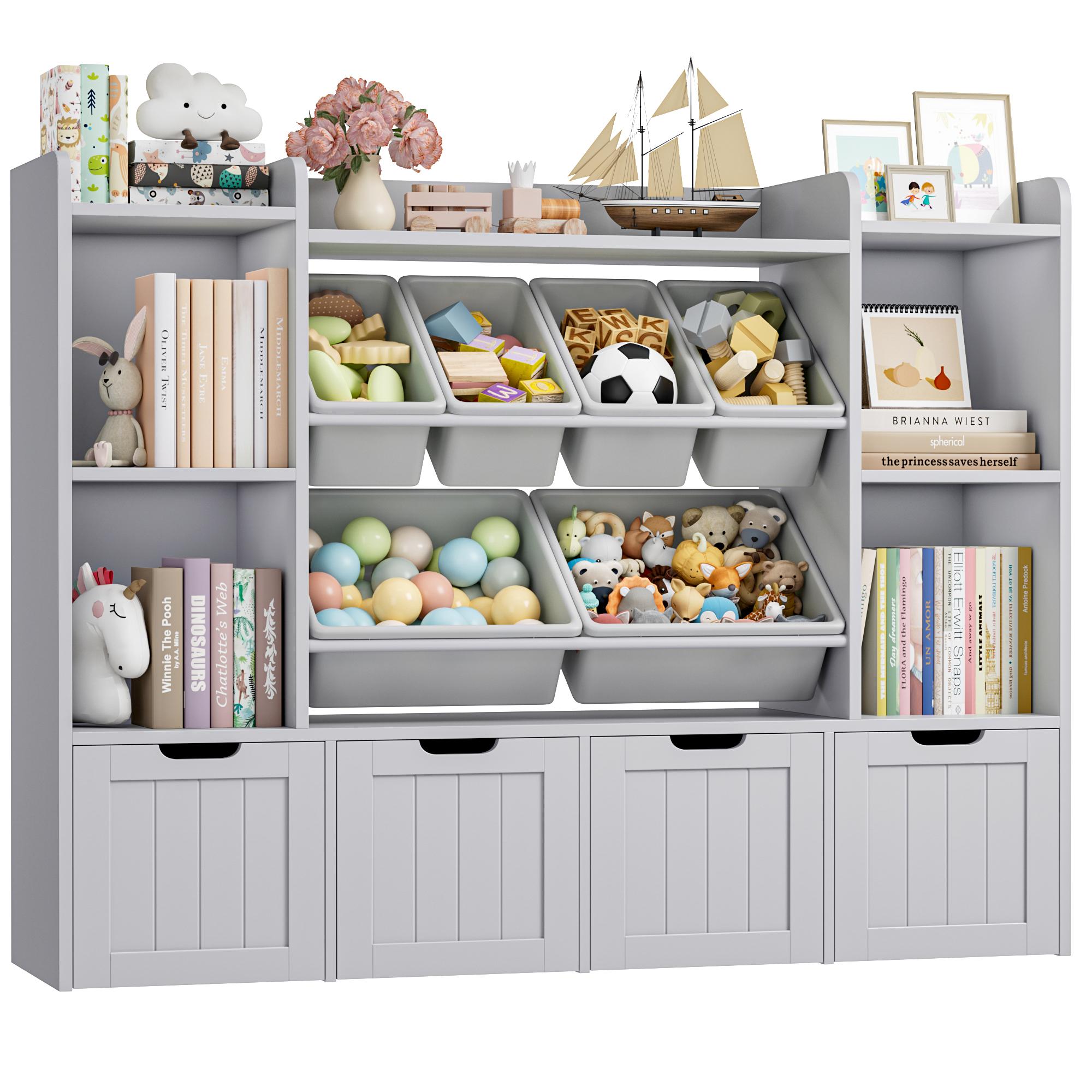 Large Toy Organizer Kids Bookshelf with 6 Bins & 4 Movable Drawers and 4 Storage Cubbies