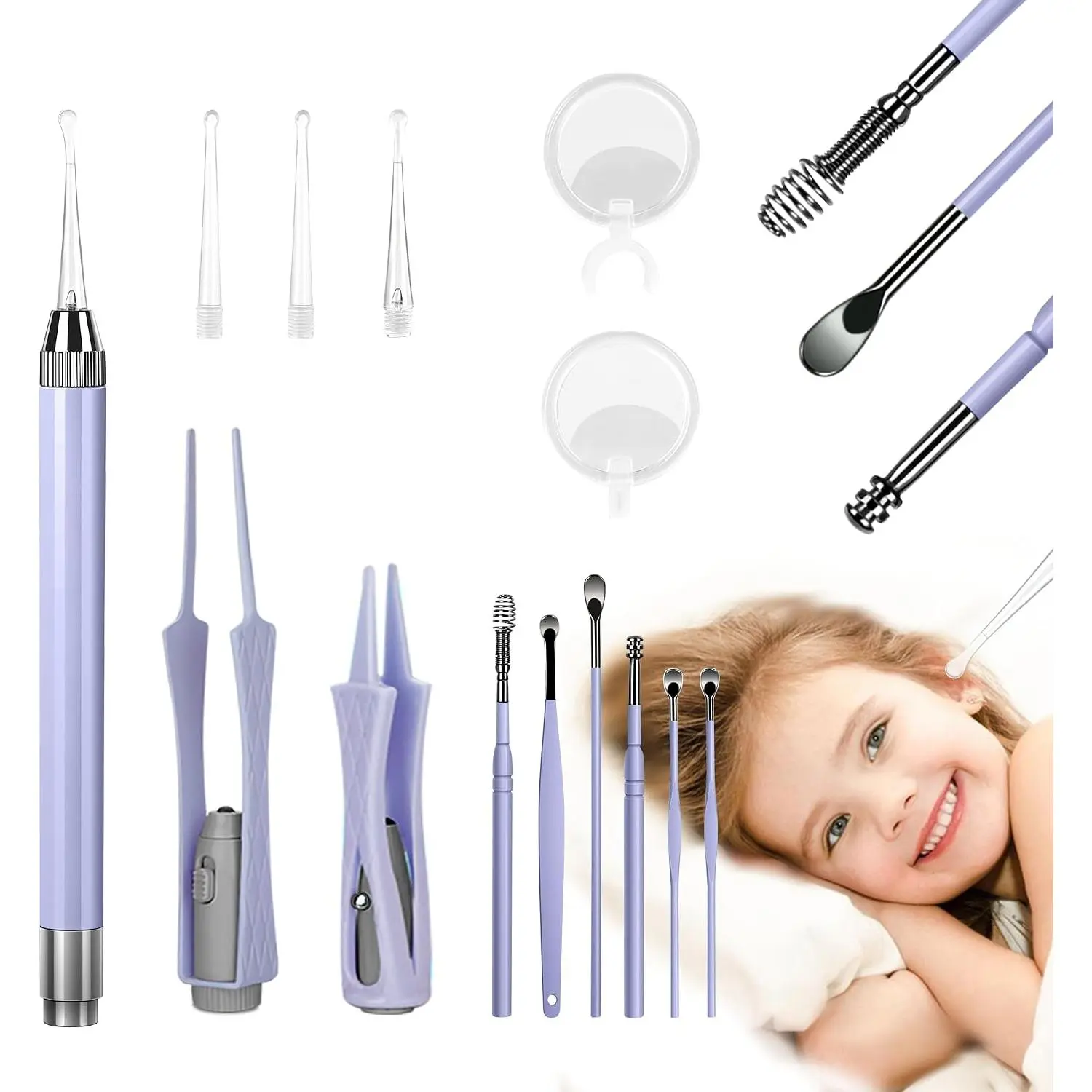 15 Pack Ear Wax Removal Tool Kit with Light - LED Ear Cleaning Kit, Ear Wax Removal for Kids and Adults, Ear Cleaning Tool, Ear Picker Spoon & Ear Tweezers & Spiral Spring Ear Spoon