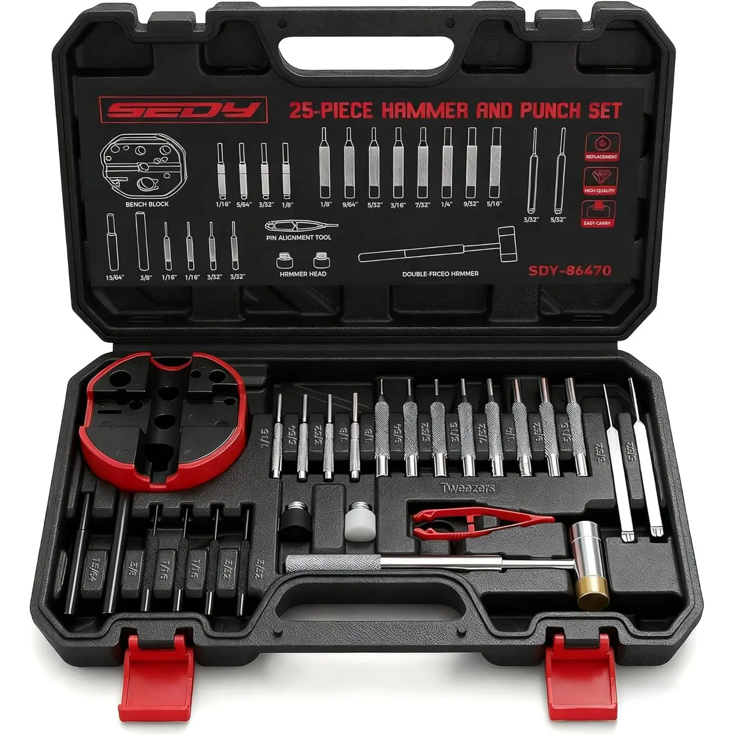 Pin Set: 25-Piece Set and with Bench Block, Roll Pin Set, Pin Punches with Replaceable Face, Mechanical Repair Tool for Maintenance