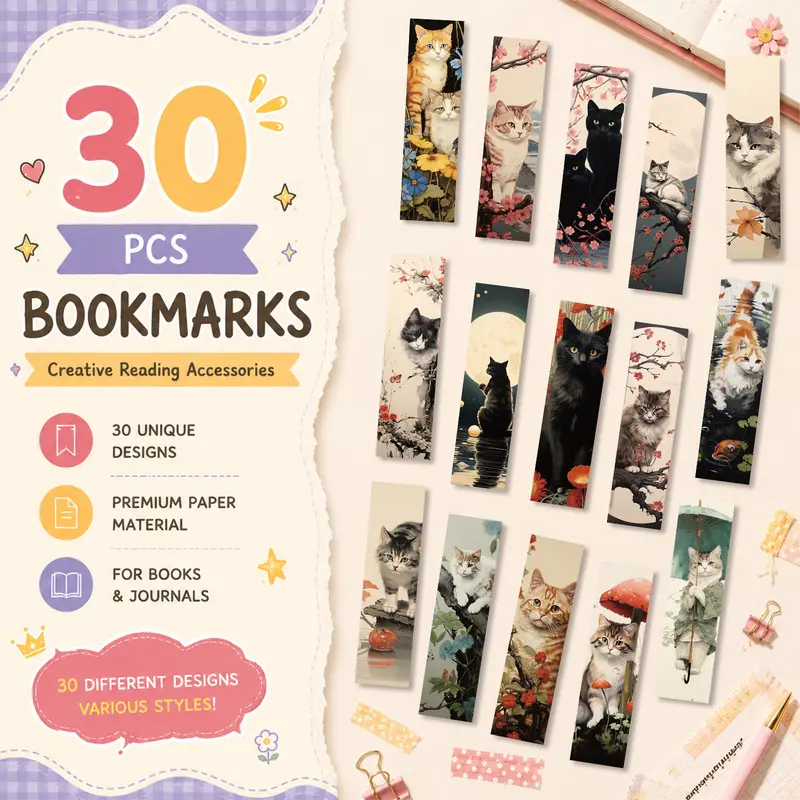 30PCS Japanese Cat Aesthetic Bookmarks for Reading, Creative Page Markers for Books, Students, Office Supplies and Gift Decoration