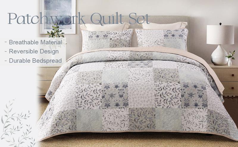 Exclusivo Mezcla Reversible Boho Quilt Set, 3 Pieces Plaid Patchwork All Season Bedspreads, Ultra Soft Floral Coverlet Bedding Set with Printed Pattern (1 Quilt, 2 Pillow Shams)