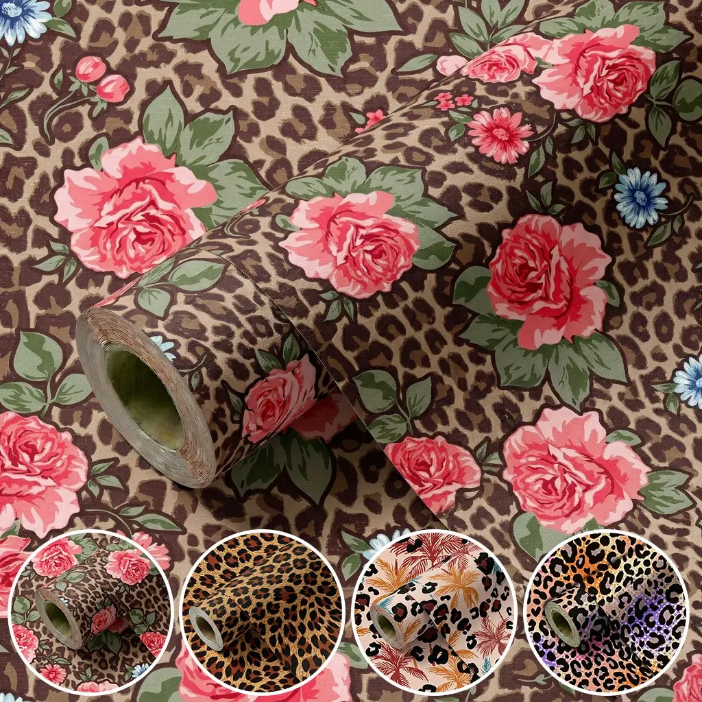 1 Roll Vintage Leopard Print Rose Floral Self Adhesive Wallpaper, 44.5cm/17.5 Inch Width, Waterproof Oilproof Peel And Stick Contact Paper, Cuttable Removable Wall Sticker For Home Bedroom Furniture Renovation