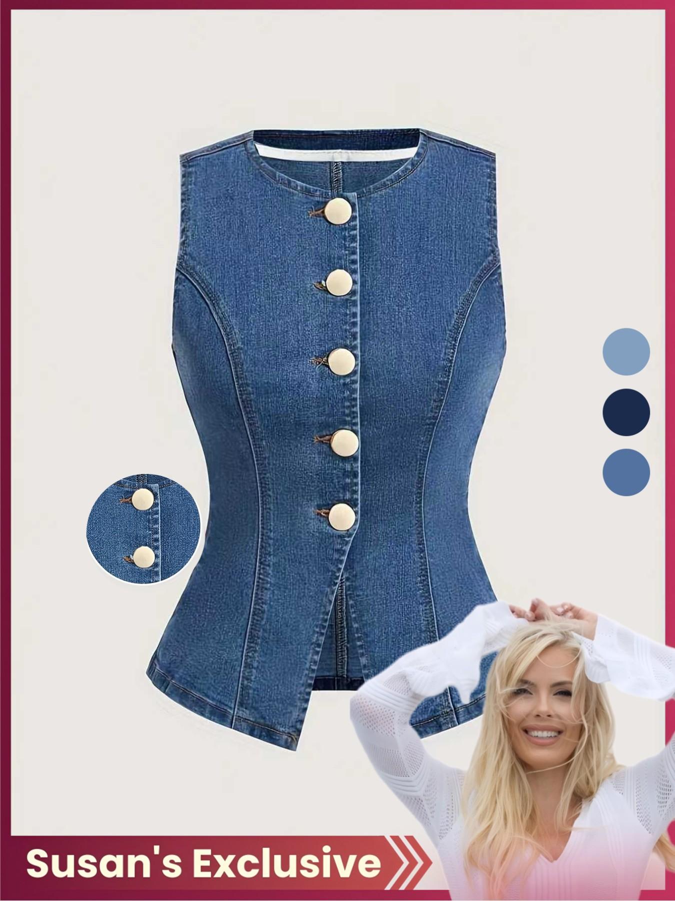 【Susan's Exclusive】Elegant Slim-Fit Sleeveless Denim Jacket for Women, High Stretch Fabric, Casual All Seasons Wear, Unique Stylish Design