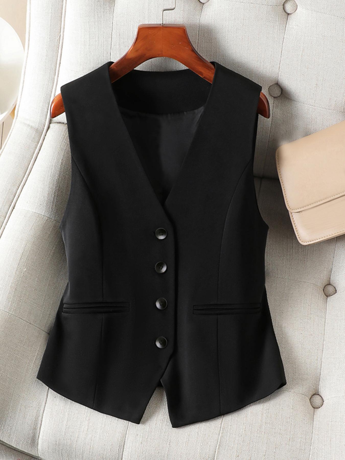Women's Solid Button Front Vest Blazer, Elegant V Neck Pocket Suit Vest For Work Office Business, Ladies Spring & Fall Clothes, Modern Easy Wear