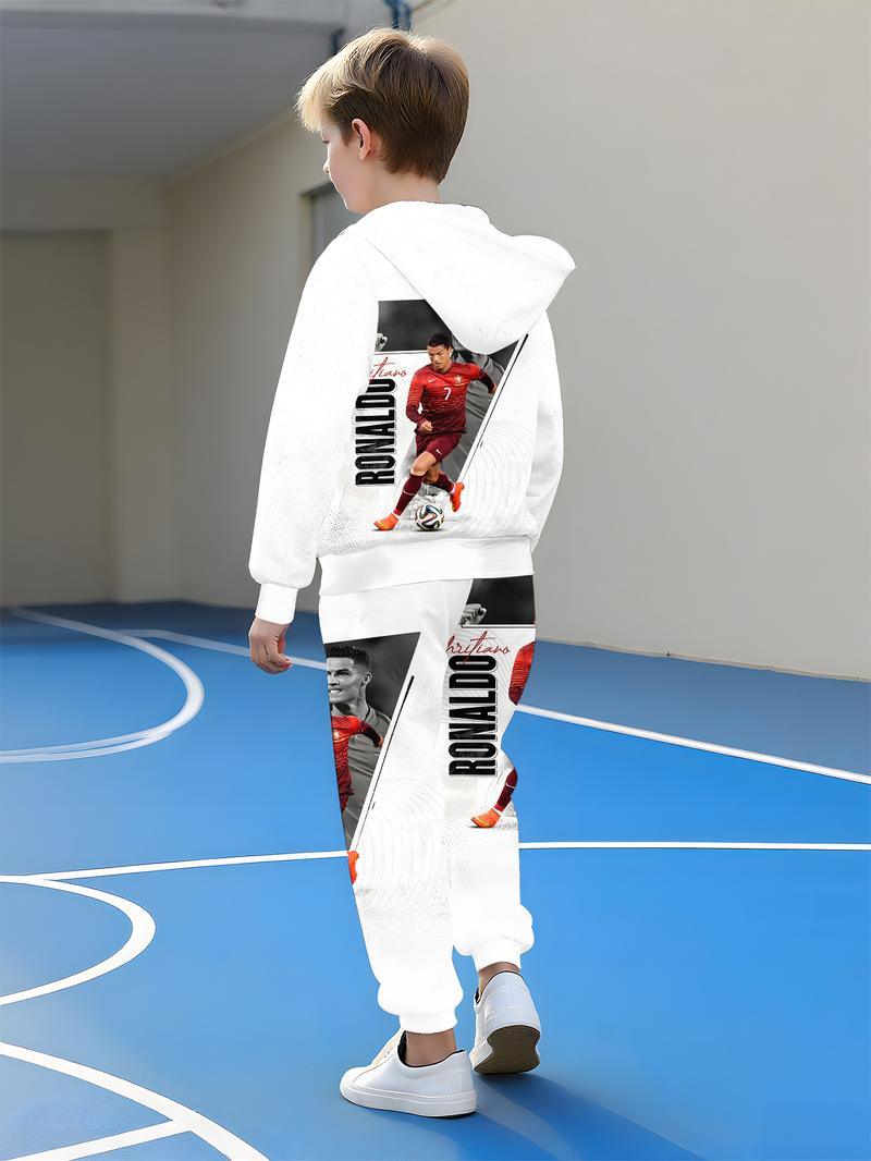 Boy's CR7 Football Themed Sweatsuit with Soccer Number Prints, Hooded Sweatshirt and Pants, Casual Outfit for Spring & Fall Boy's CR7 Football Themed Sweatsuit with Soccer Number Prints, Hooded Sweatshirt and Pants, Casual Outfit for Spring & Fall
