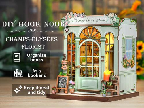CUTEBEE DIY Book Nook Kit with LED Lights 3D Wooden Puzzle Miniature House for Adults & Teens Black Friday Deal Romantic Christmas Gift for Home Bookshelf Decor Champs-Élysées Florist House Building Kit