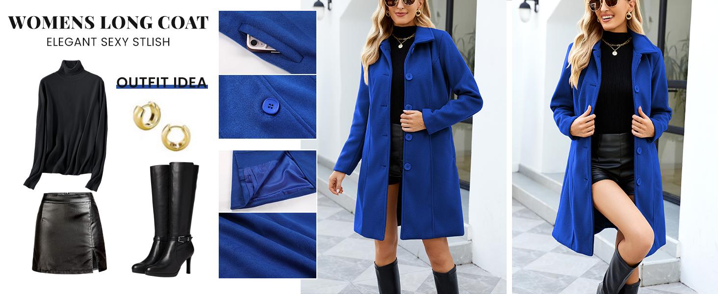 SCUSTY Womens Coat Overcoat Single Breasted Winter Coat Elegant Dress Coat with Pockets