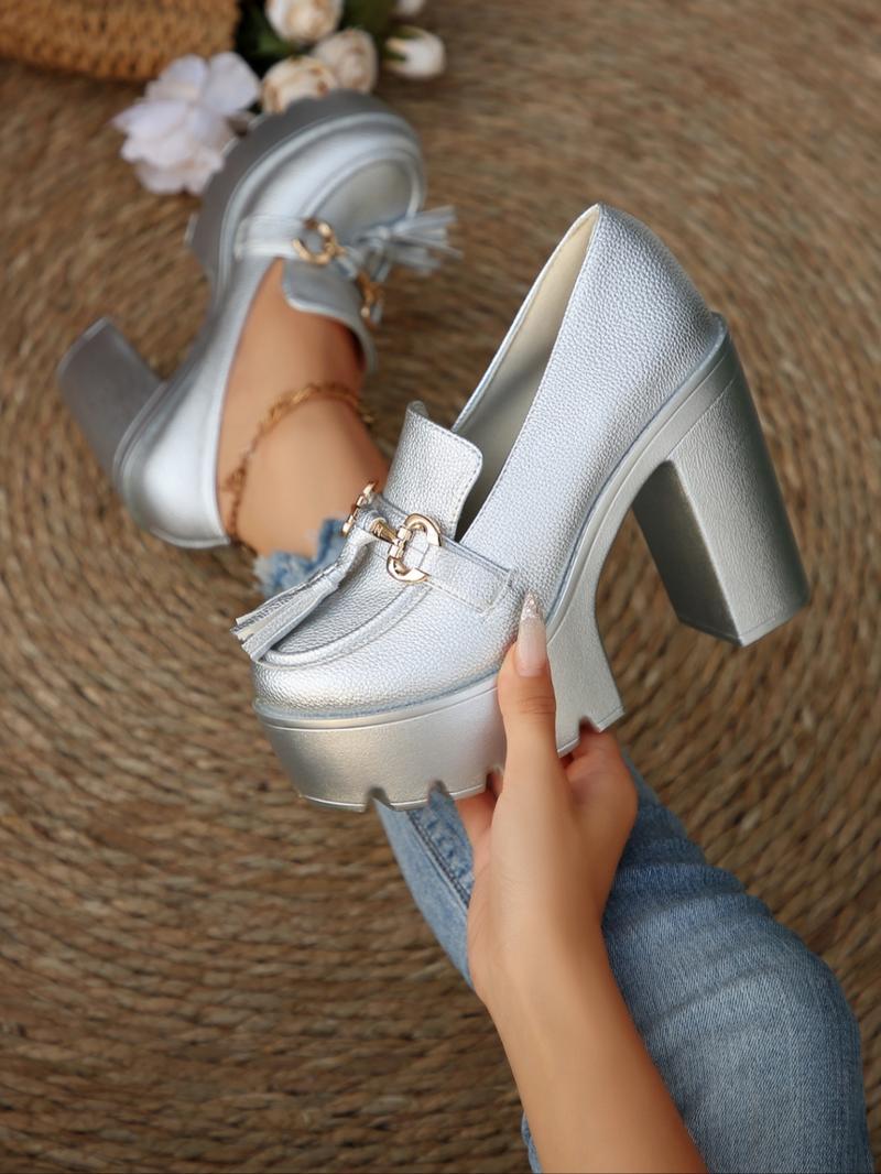 Women's Fashion Elegant Classic High Heels, Metal Decor Faux Fur Design, Stage Style Thick Sole Punk Shoes, All Season Wedding Comfortable Wear