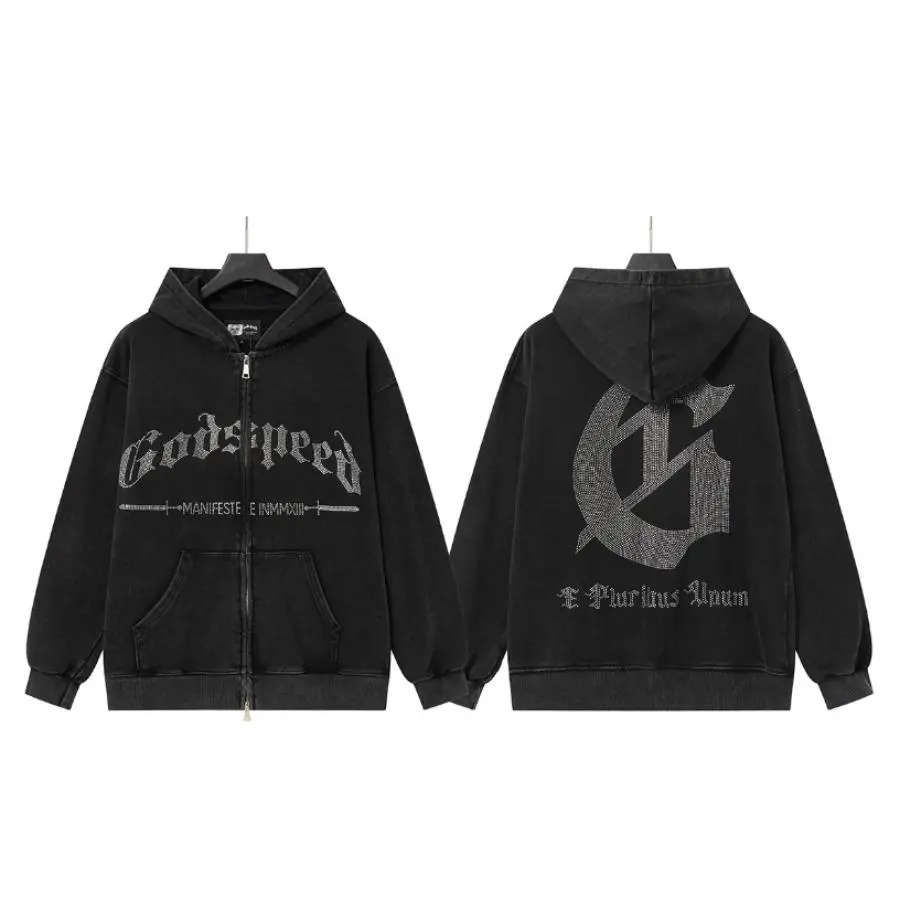 Men Godspeed Style Rhinestone Gothic Letter Zip Up Hoodie, Vintage Washed Double-Sided Oversized Hooded Sweatshirt, Dark High Streetwear Fall Casual Jacket For Men