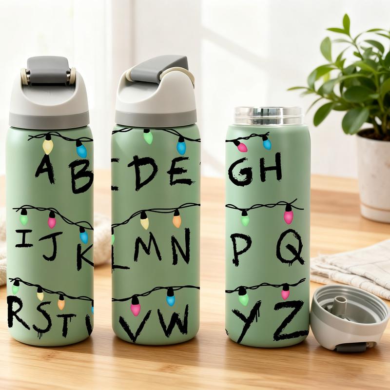 1pc 40oz Stainless Steel Vacuum Insulated Tumbler with Lid and Straw, Stranger Things Alphabet Light Wall Design, Insulated Thermal Cup, Keep Hot 12H / Cold 24H, Retro Sci-Fi Travel Mug, Unique Gift for TV Series Fans and 80s Nostalgia Aesthetic Lovers
