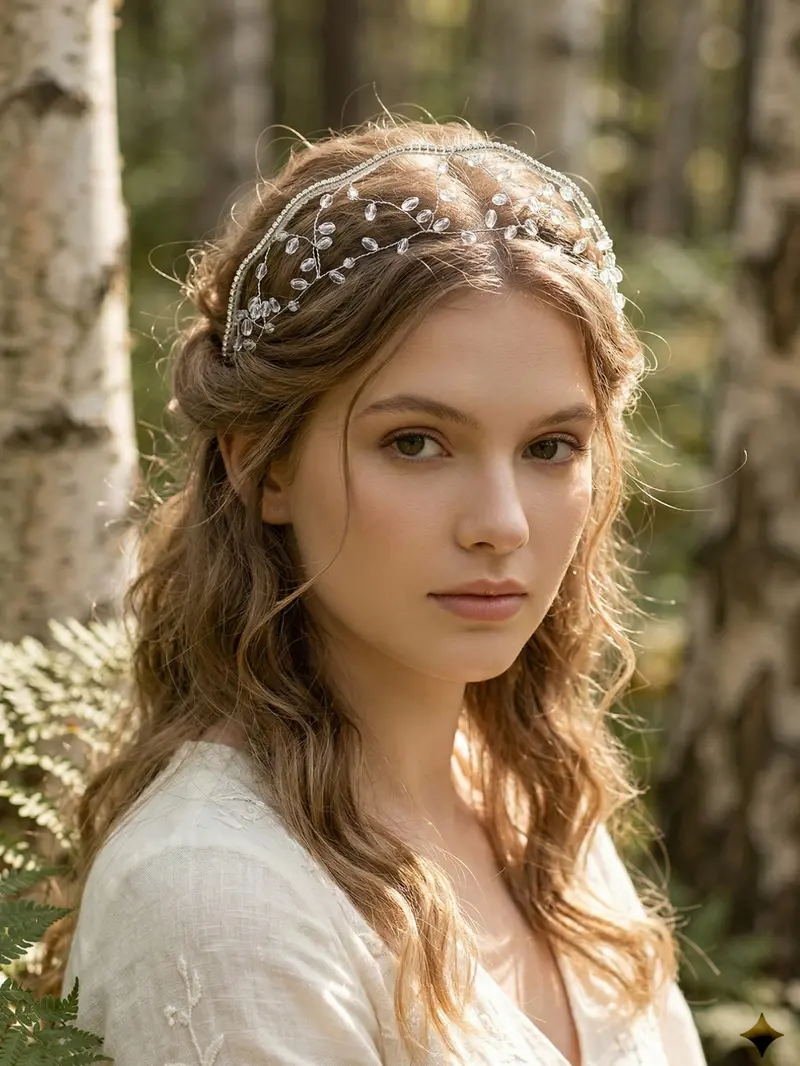 Multicolor Artificial Crystal Leaf Accents Crown Headband Forest Style Forest Theme Bridal Accessory, Bridal Headwear, Unique Artistic Design Tiara for All Seasons, Hairband