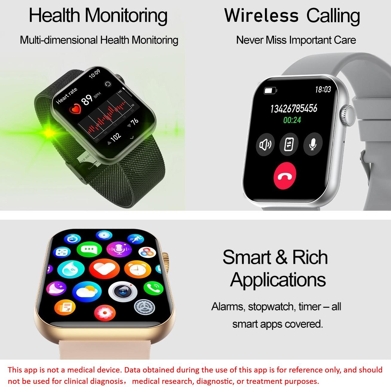 Universal smart sports watch, 1.83 inches HD touch screen, wireless calling, compatible with Android/iPhone, over 100 sports modes, pedometer, blood pressure and heart rate sports tracker, stainless steel and silicone dual strap, waterproof.