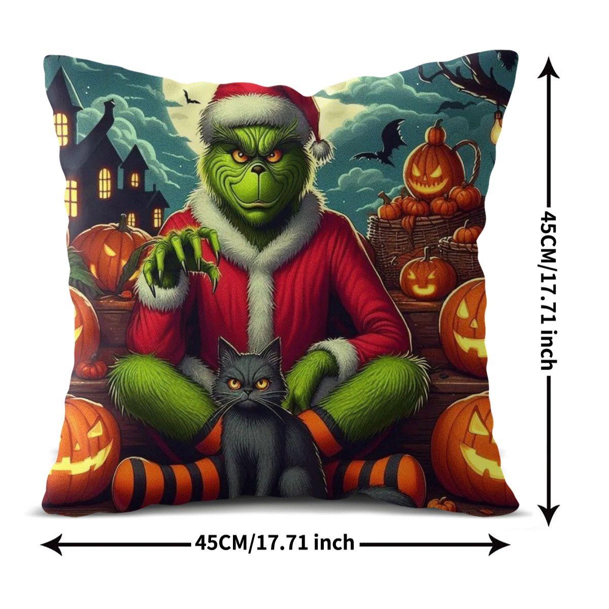 45x45cm 1Pc, Grinch Themed Halloween Christmas Cushion Pillow, spooky jack-o'-lantern bat print, soft durable cozy, perfect for sofa, bed, living room bedroom decor, ideal small holiday home gift, includes pillow filling