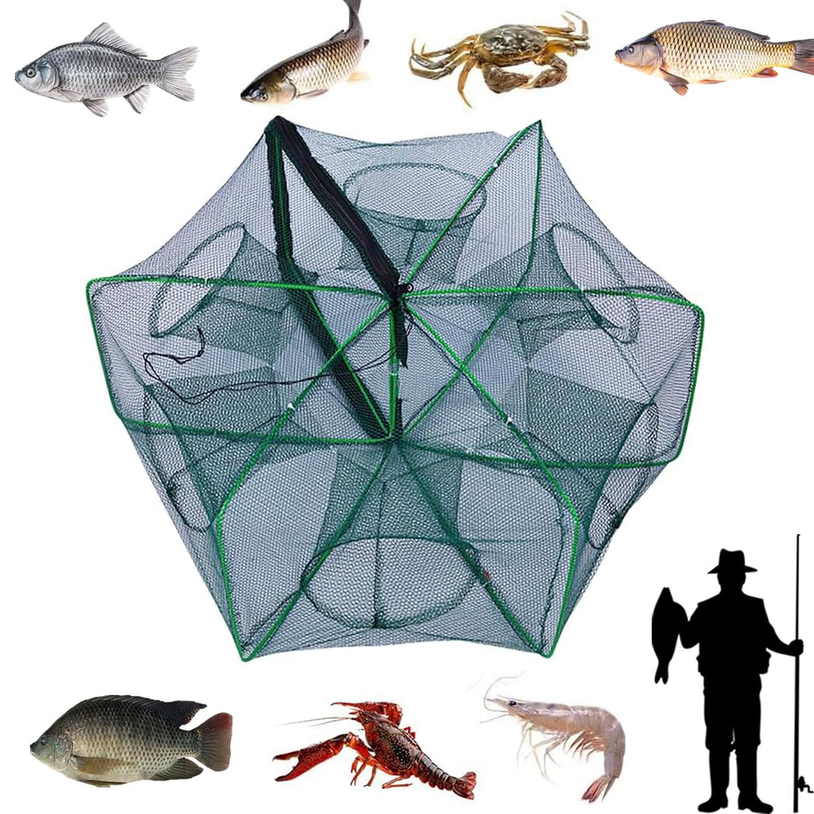 Automatic Folding Reinforced Durable Fishing Mesh Fishing Trap Net Set, Baitcasting Lure Kit for Carp Catfish Shrimp Crab Traps (set of 2)