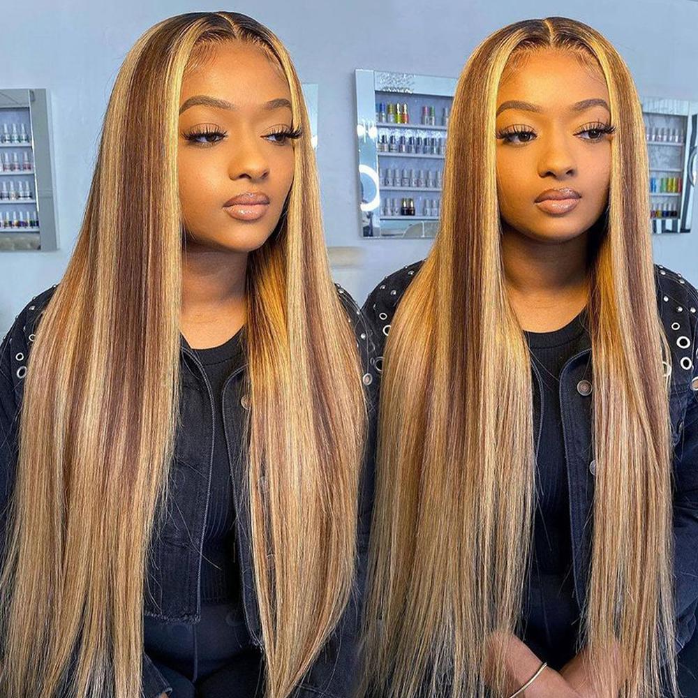 Pizazz Hair 13x6 Pre Bleached Honey Blonde Straight Full Lace Front Wigs Human Hair Pre Plucked For Momen 220% Density Highlight HD Transparent Lace Frontal Wigs with Baby Hair