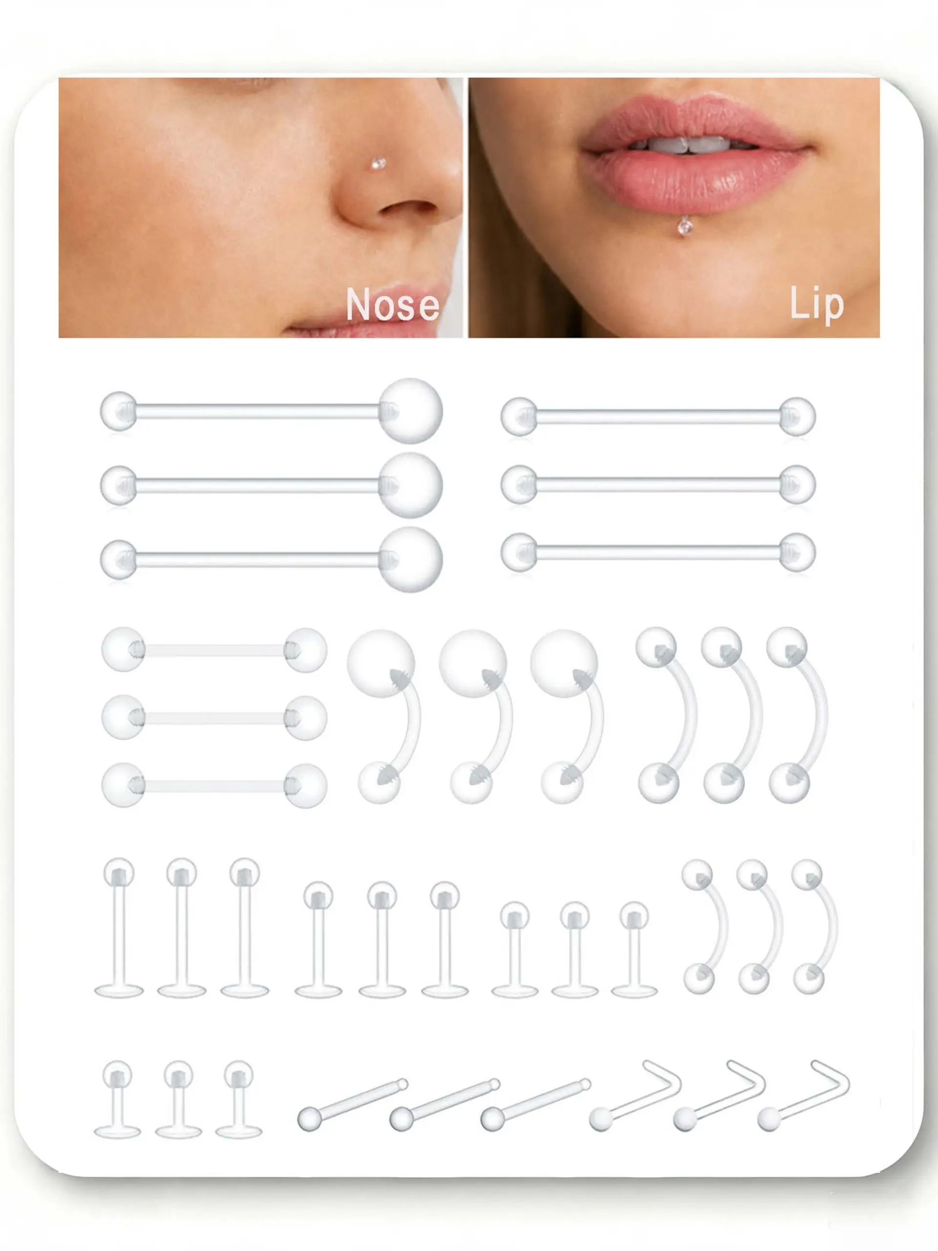 36pcs Clear Piercing Retainers Bioflex Plastic Jewelry for Nipple Tongue Nose Septum Eyebrow Belly Earrings Tragus Helix Cartilage Industrial Lip Labret Rings Studs For Surgery Mri
