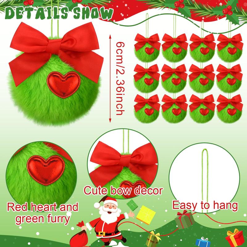 Christmas Clearance Sale Christmas Decorations Green Monster Christmas Ornament Christmas Balls, Shatterproof Glittering Christmas Tree Decoration, Funny Cute Lime Green Furry Hanging Ornament with Red Bow, Holiday Party Home Christmas Decor for Xmas Tree