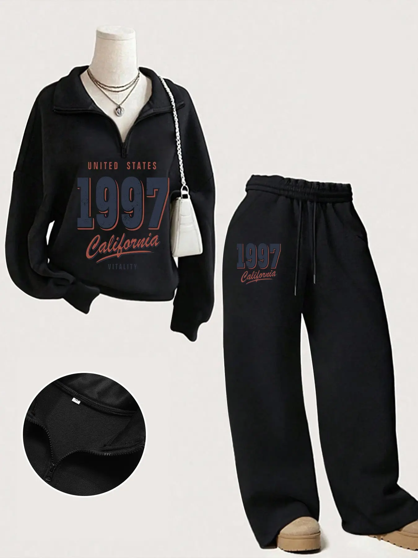 Women's Half-Zip Collar Sweatshirt + Drawstring Wide Leg Pants Set, California Letter Print, Casual Comfort, Spring Fall Wear