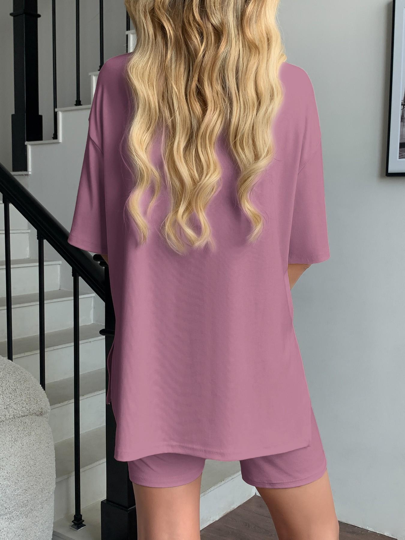 Cozy Mama Lounge Set, Women's 2-Piece, Crew Neck Oversized T-Shirts, Comfortable Home Wear, Perfect for Relaxing at Home