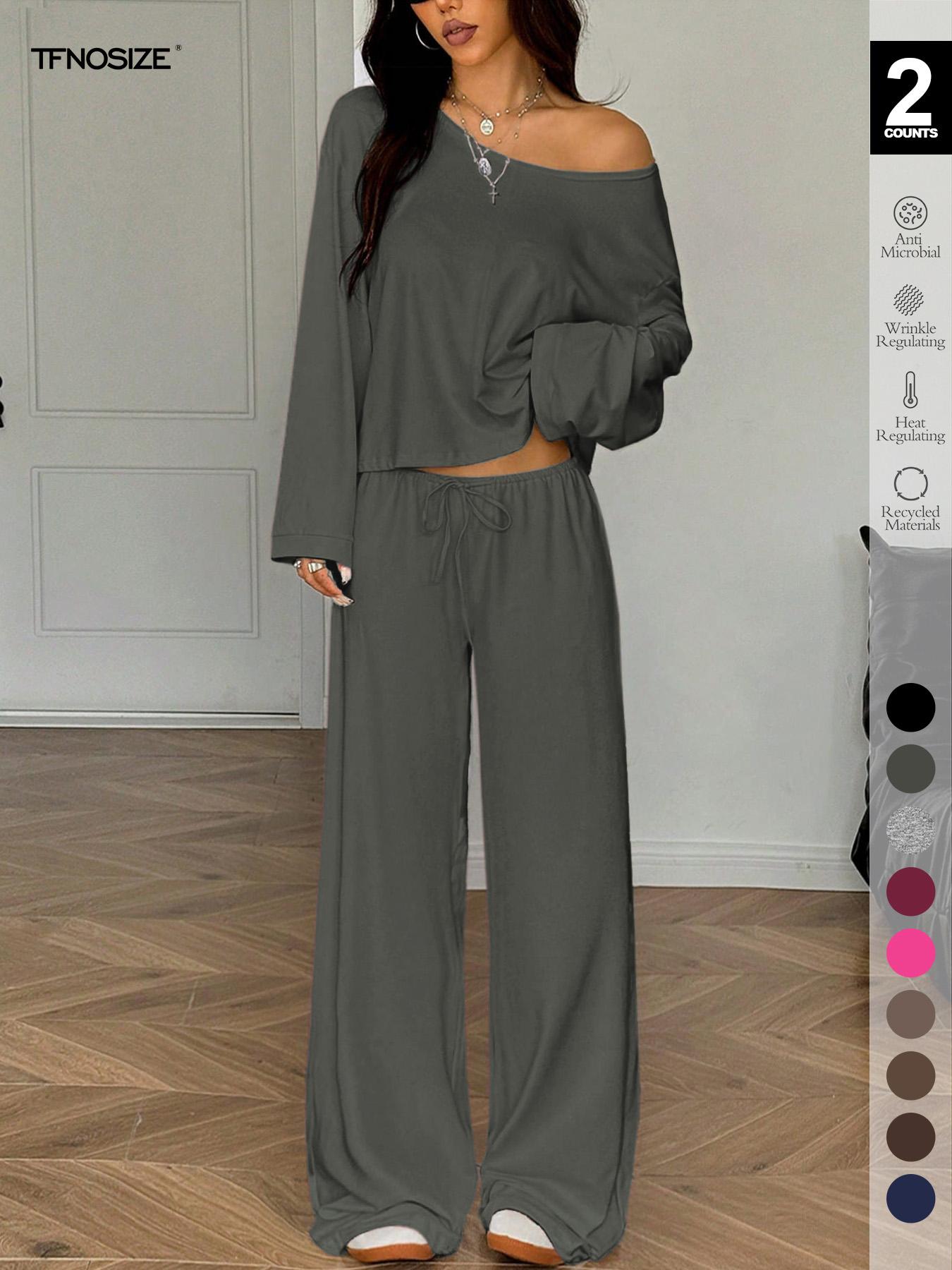 2 Piece Set Women Sleepwear Loungewear, Elegant Simple Solid Color Loose Long Sleeve Thermal Top And Pants pajamas Set, Pjs For Autumn/Winter，All Season Fashion