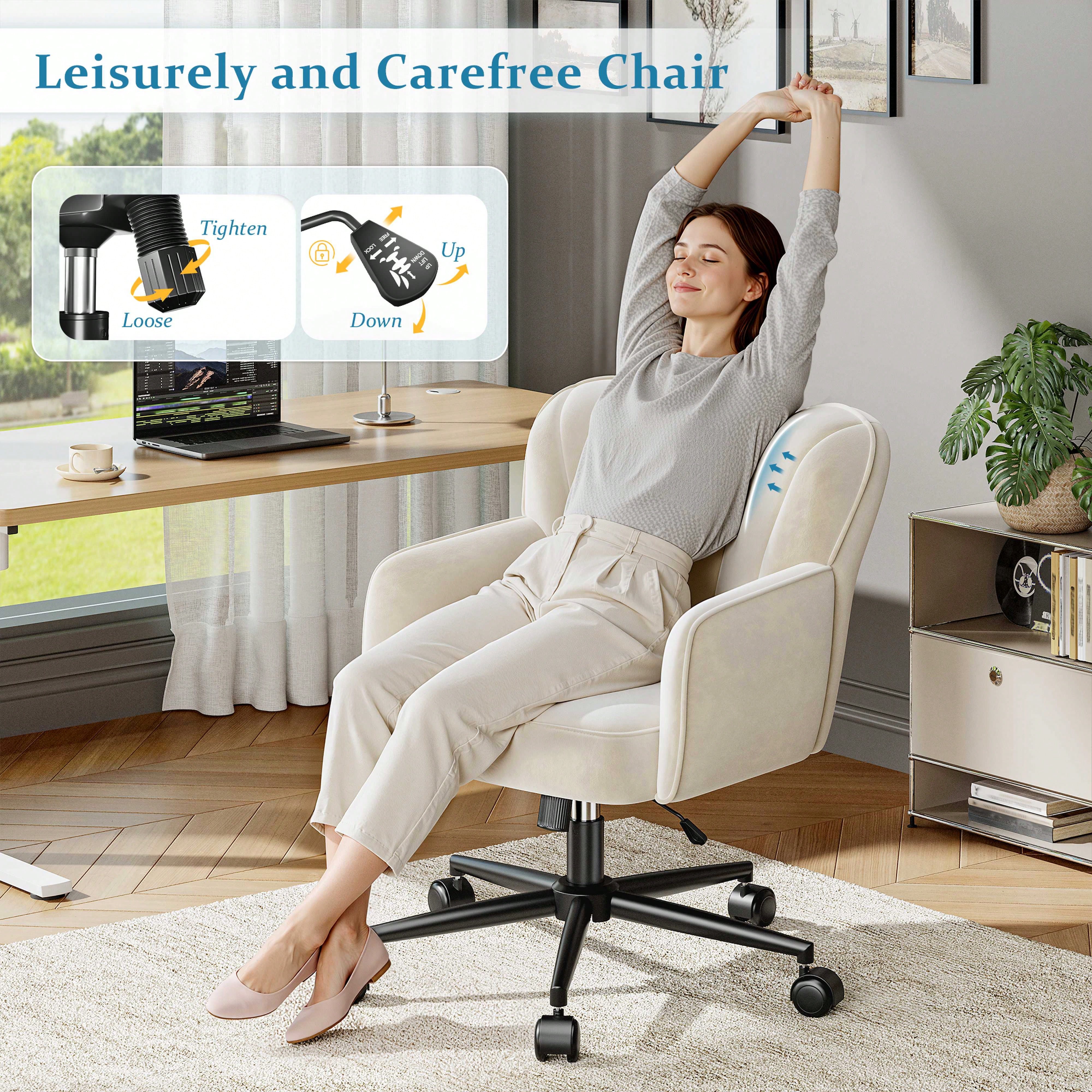 Vanity Swivel Chair with Wheels and Backrest, Adjustable Height Comfy Upholstered Desk Chair, Modern Cute Ergonomic Office Chair, 360° Swivel Leisure Makeup Chair for Bedroom Dressing Room Home Office, Black